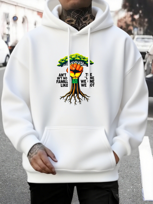 Men's Graphic Hoodie Green Tree With Raised Fist Surrounded By Roots And Colorful Leaves