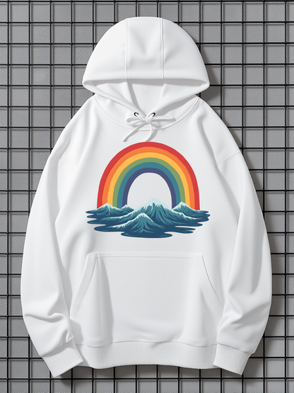 Men's Graphic Hoodie Vivid Rainbow Arching Over Calm Blue Ocean Waves
