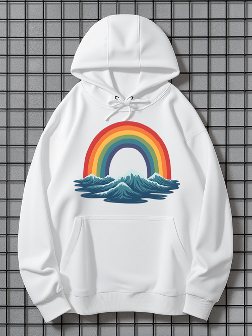 Men's Graphic Hoodie Vivid Rainbow Arching Over Calm Blue Ocean Waves