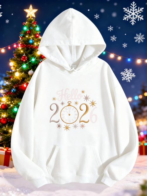 Women's Graphic Hoodie Happy 2026 Sparkling Golden Snowflakes And Classic Clock Hoodie