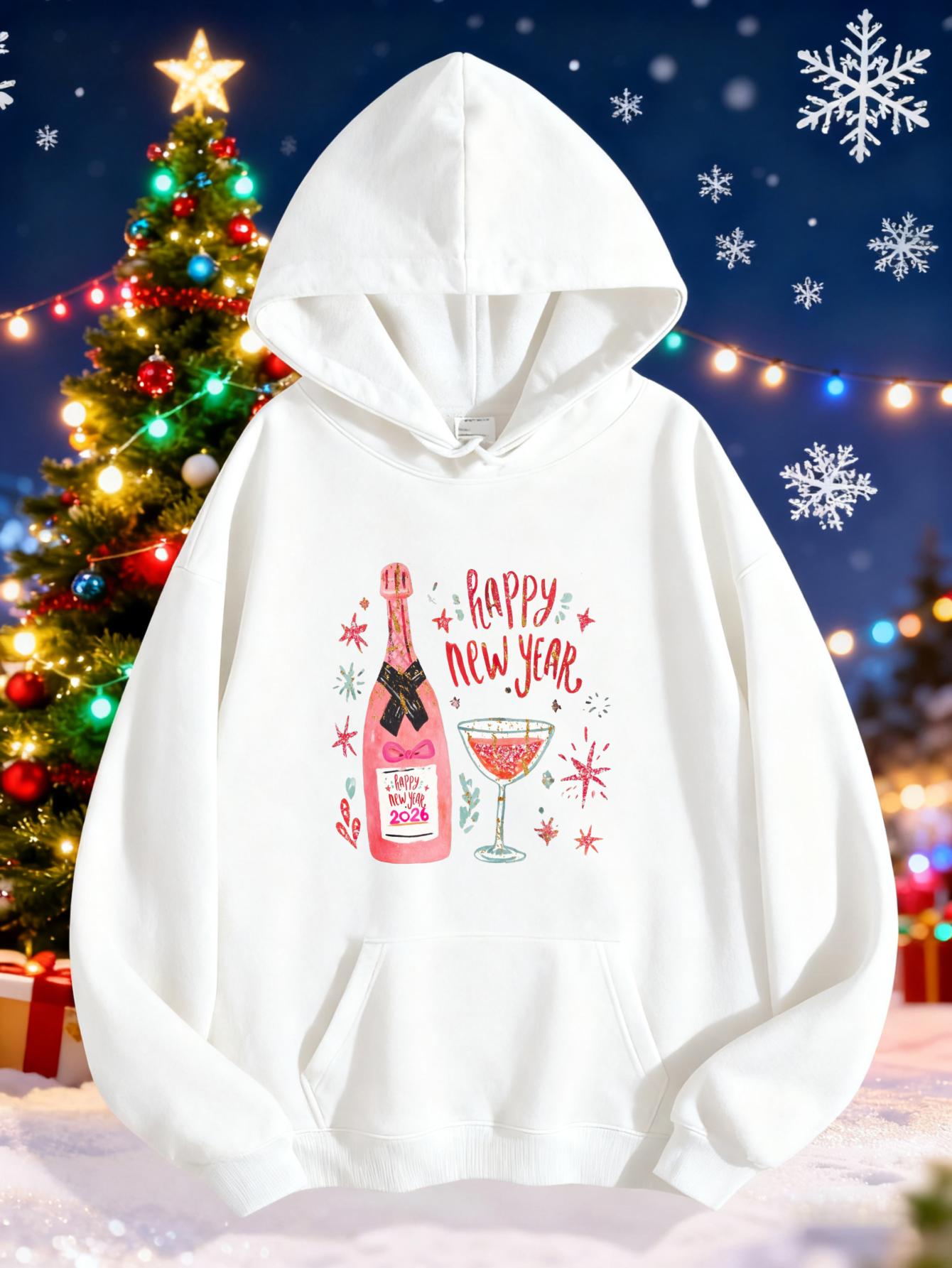 Women's Graphic Hoodie Happy New Year Pink Bottle With Sparkling Flute Glass Surrounded By Festive Snowflakes