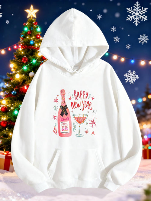 Women's Graphic Hoodie Happy New Year Pink Bottle With Sparkling Flute Glass Surrounded By Festive Snowflakes