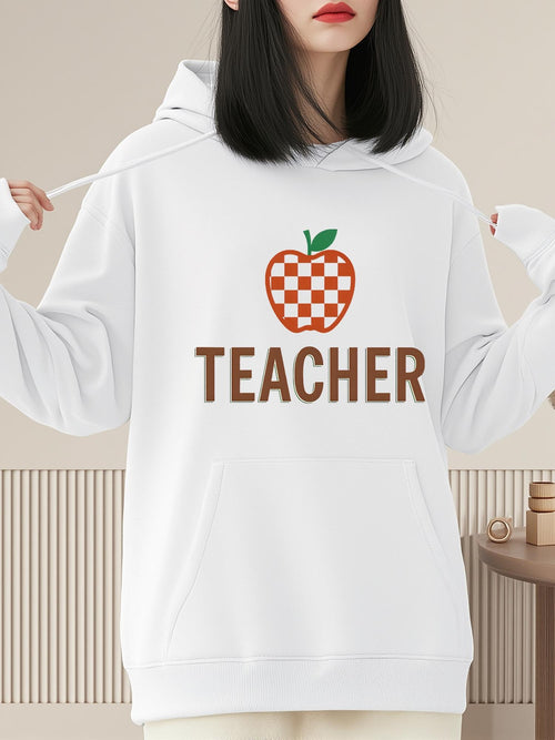 Women's Graphic Hoodie Brown Checkerboard Apple Above Bold Teacher Text