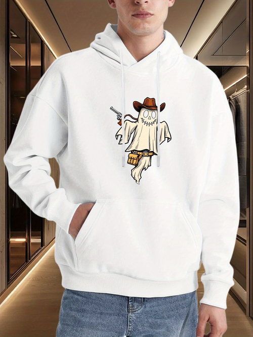 Men's Graphic Hoodie Cowboy Ghost With Floating Hat Brown Belt Playfully Holding Pistols In White Robe