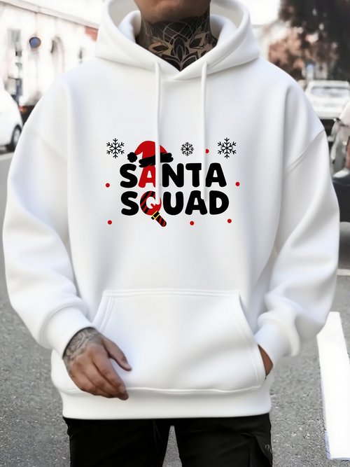 Men's Graphic Hoodie Santa Squad Snowflakes With Red Santa Hat Festive Holiday Lettering