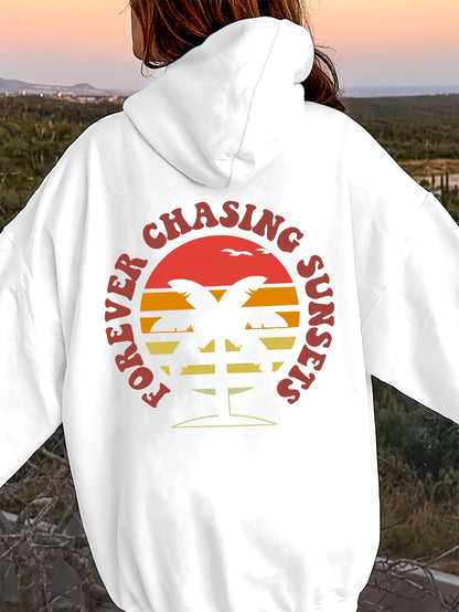 Women's Graphic Hoodie Forever Chasing Sunsets Vibrant Tropical Beach Sunset With Palm Trees