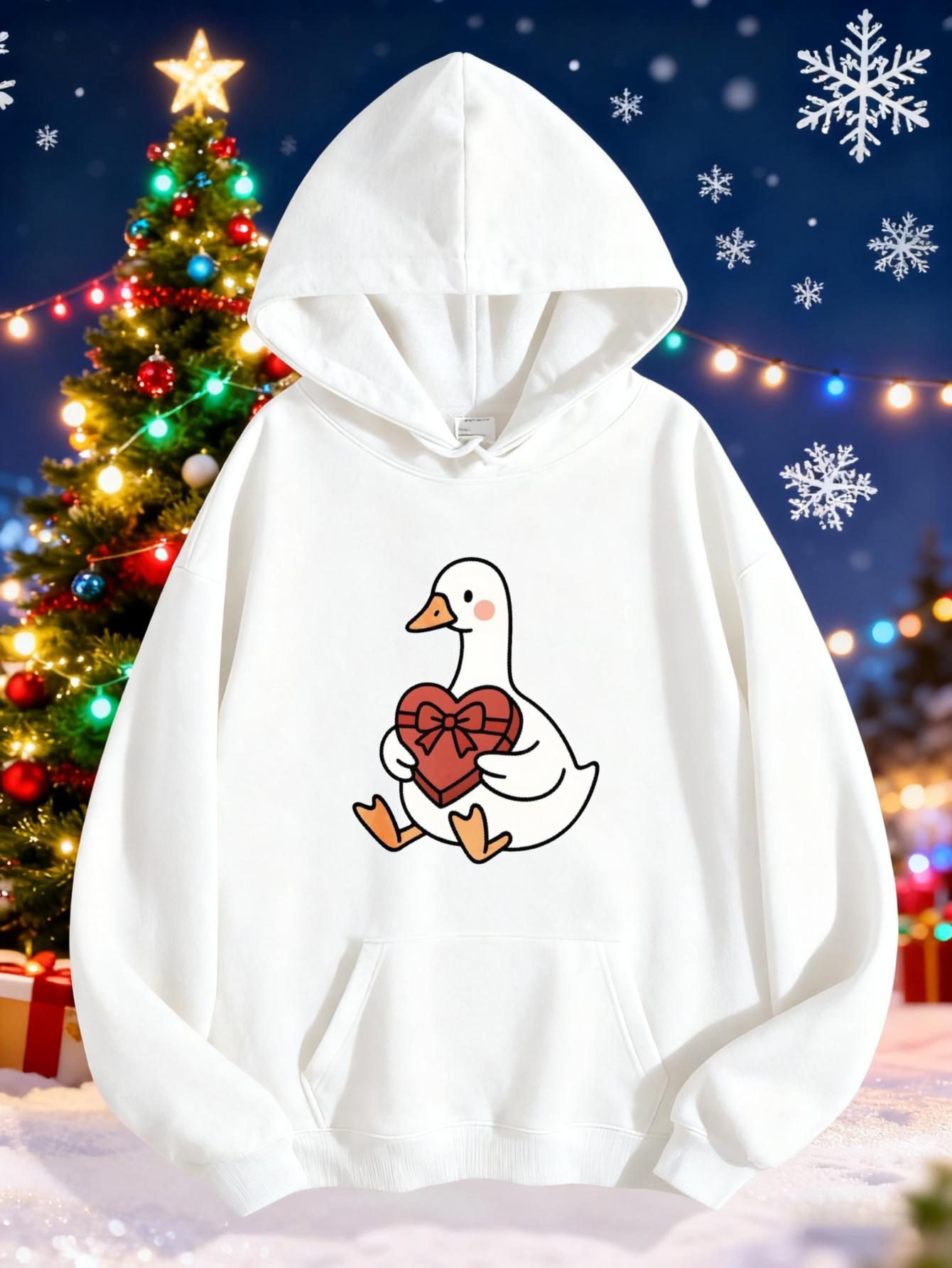 Women's Graphic Hoodie Festive Holiday Lights With Snowflakes Beside A Christmas Tree Duck