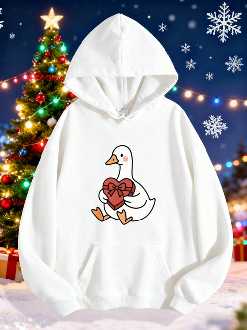 Women's Graphic Hoodie Festive Holiday Lights With Snowflakes Beside A Christmas Tree Duck