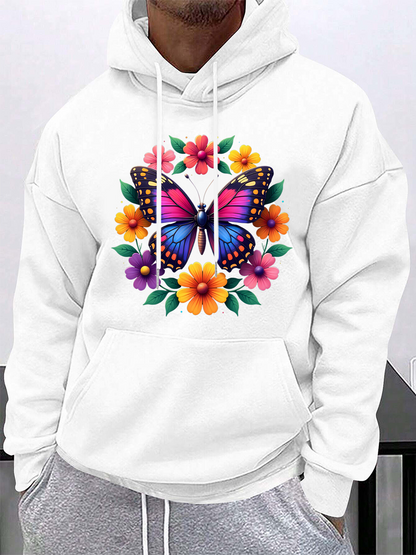 Men's Graphic Hoodie Vivid Colorful Florals Surrounding A Bright Majestic Butterfly