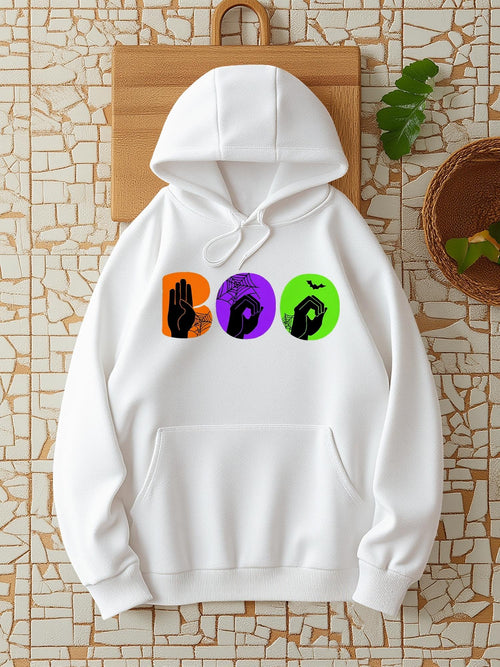 Women's Graphic Hoodie Boo Spooky Halloween Scene With Haunted Houses Bats And Ghosts Hoodie