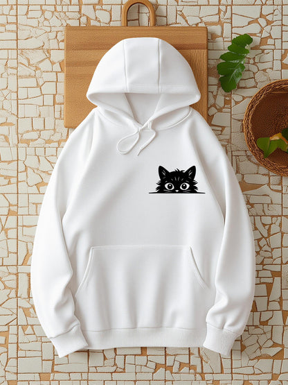 Women's Graphic Hoodie Curious Black Cat Peeking With Playful Eyes On Cozy Hoodie