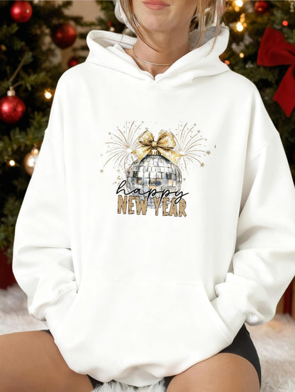 Women's Graphic Hoodie Happy New Year Festive Fireworks With Glittering Bow And Disco Ball