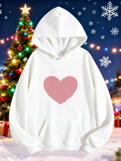 Women's Graphic Hoodie Festive Snowy Setting With Striped Patterned Red Heart Hoodie