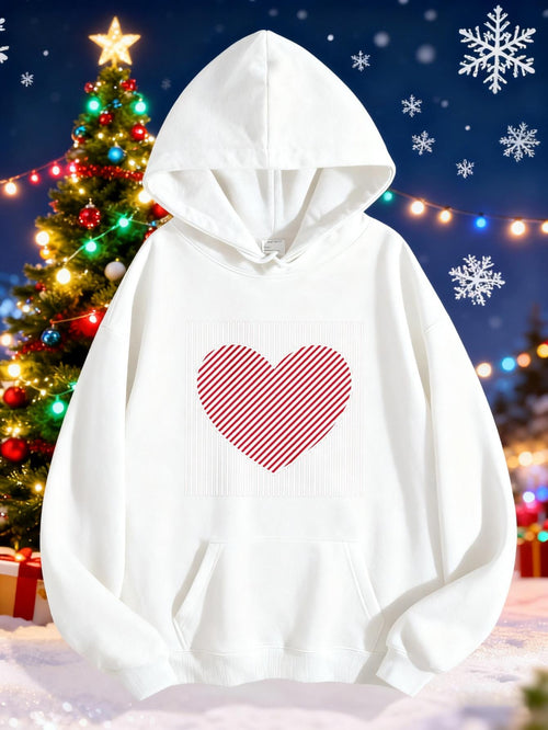 Women's Graphic Hoodie Festive Snowy Setting With Striped Patterned Red Heart Hoodie