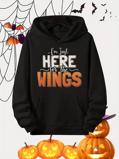 Men's Graphic Hoodie Im Just Here For The Wings Spooky Pumpkins And Festive Halloween Hoodie