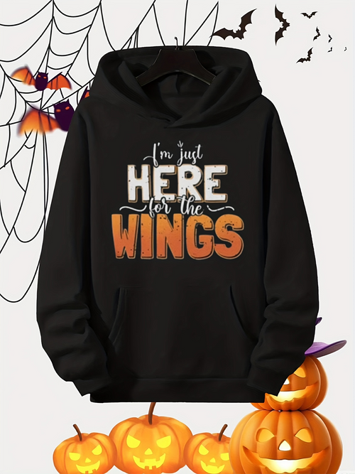 Men's Graphic Hoodie Im Just Here For The Wings Spooky Pumpkins And Festive Halloween Hoodie