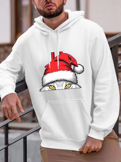 Men's Graphic Hoodie Festive Red Hat Cat Peeking With Playful Holiday Eyes Hoodie Cat