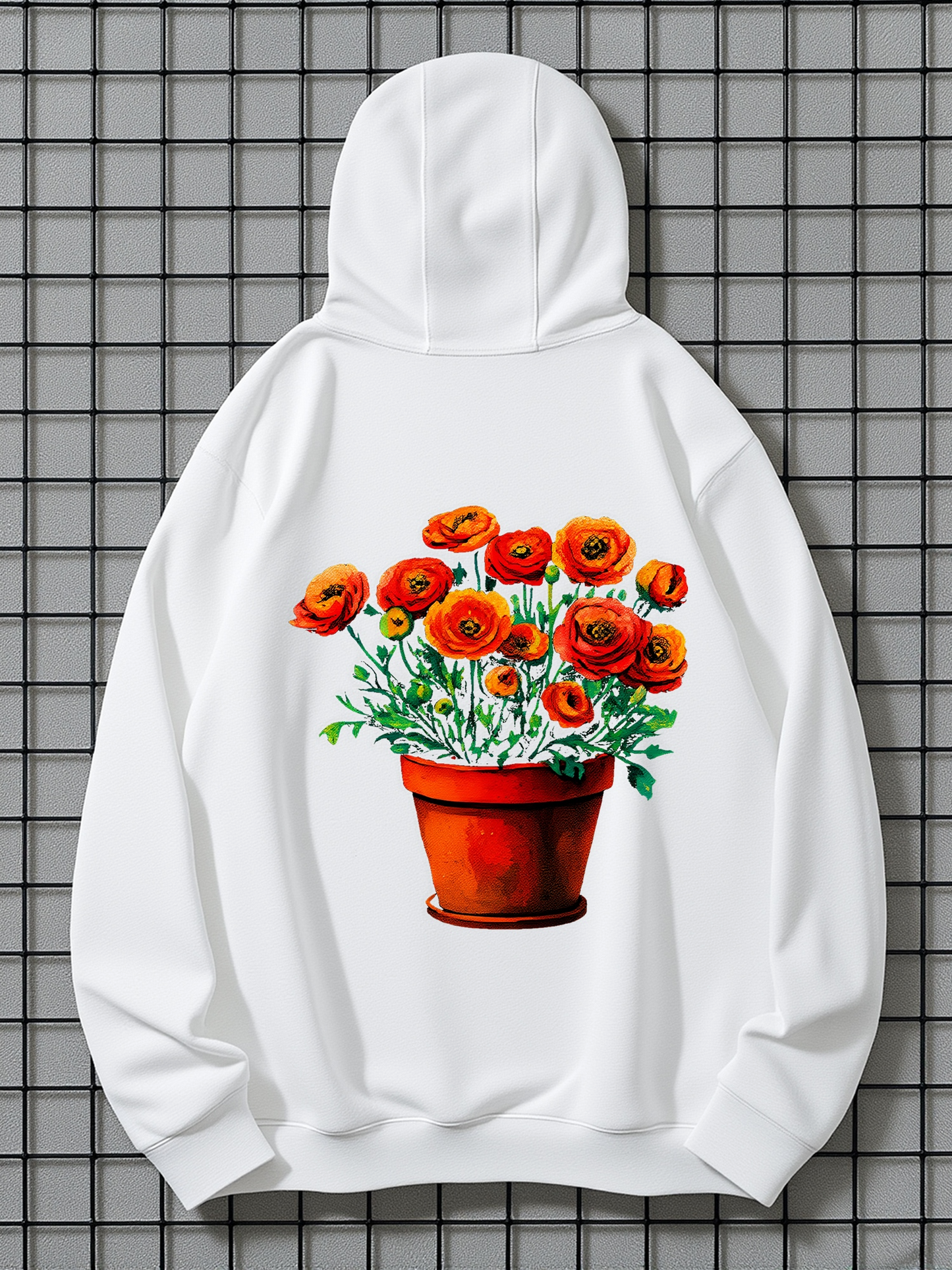 Men's Graphic Hoodie Vivid Orange Blossoms In Terracotta Pot Surrounded By Fresh Green Leaves Flower