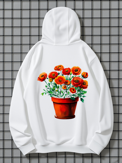 Men's Graphic Hoodie Vivid Orange Blossoms In Terracotta Pot Surrounded By Fresh Green Leaves Flower