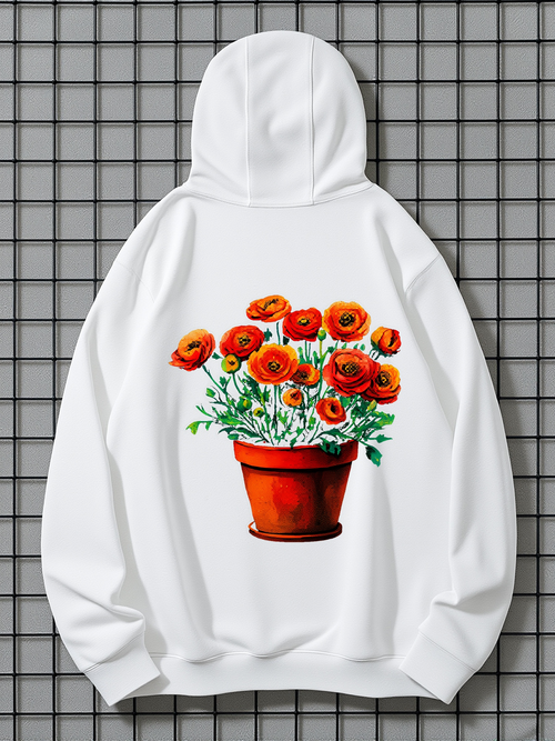 Men's Graphic Hoodie Vivid Orange Blossoms In Terracotta Pot Surrounded By Fresh Green Leaves Flower