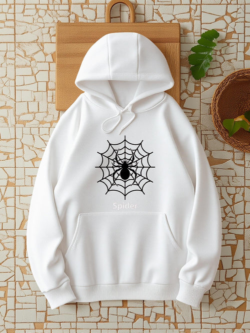 Women's Graphic Hoodie Intricate Web Design With Bold Black Spider Resting Center Spider