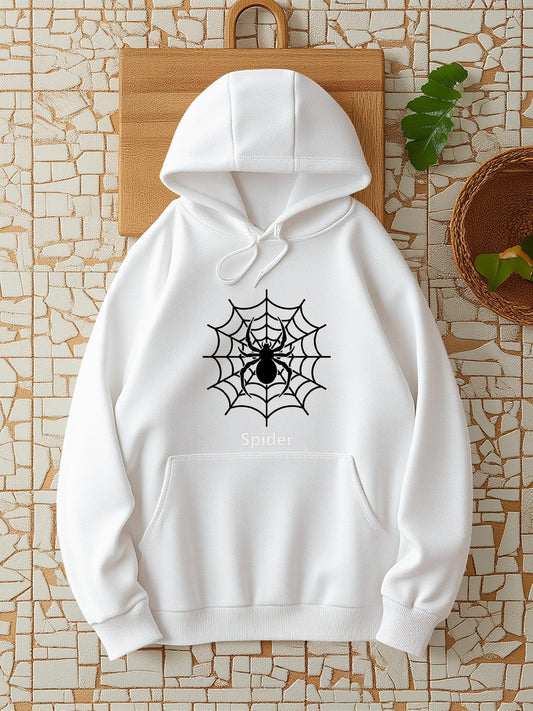 Women's Graphic Hoodie Intricate Web Design With Bold Black Spider Resting Center Spider