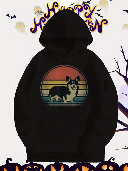 Men's Graphic Hoodie Vintage Sunset Stripes In Retro Colors With Happy Corgi Dog