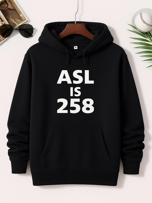 Men's Graphic Hoodie ASL Is 258 Bold Statement With Lettering On Black Hoodie