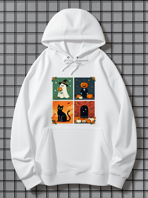 Men's Graphic Hoodie Autumn Leaves With Ghost Cat Pumpkin And Spooky Haunted Doorway
