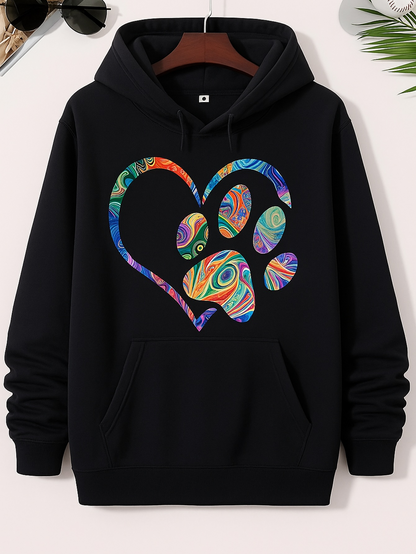 Men's Graphic Hoodie Colorful Psychedelic Swirls Arranged Inside Heart Shaped Paw Print