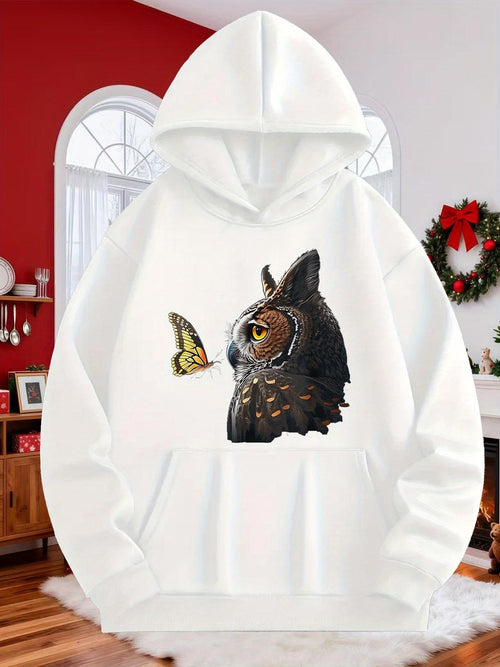 Women's Graphic Hoodie Gentle Butterfly Resting Softly Beside Majestic Wise Brown Owl