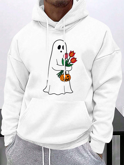 Men's Graphic Hoodie Charming Red Tulips Held By Friendly Cartoon Ghost