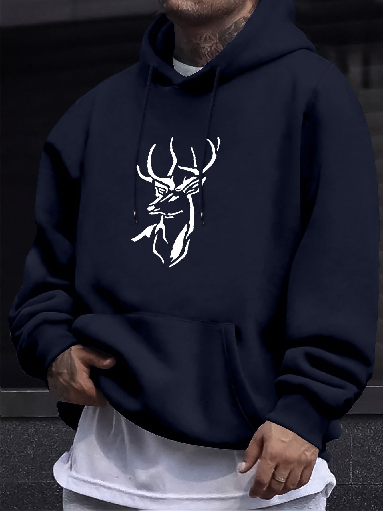 Men's Graphic Hoodie Minimalist White Line Art Of Graceful Majestic Deer Among Night Shadows Deer