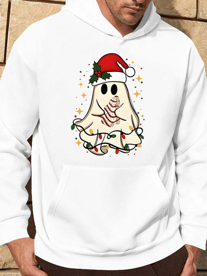 Men's Graphic Hoodie Christmas Lights With Candy Cane Holding Festive Cute Ghost