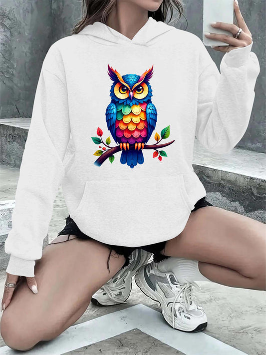 Women's Graphic Hoodie Colorful Vibrant Branches With Rainbow Feathers Perched Wise Owl