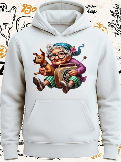 Women's Graphic Hoodie Whimsical Elderly Woman With A Vintage Radio And Cheerful Puppy