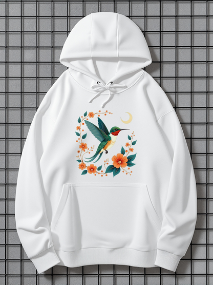 Men's Graphic Hoodie Colorful Floral Arrangement With Moon And Graceful Flying Hummingbird