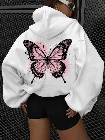Women's Graphic Hoodie Pink And Black Wing Pattern With Abstract Splash Butterfly