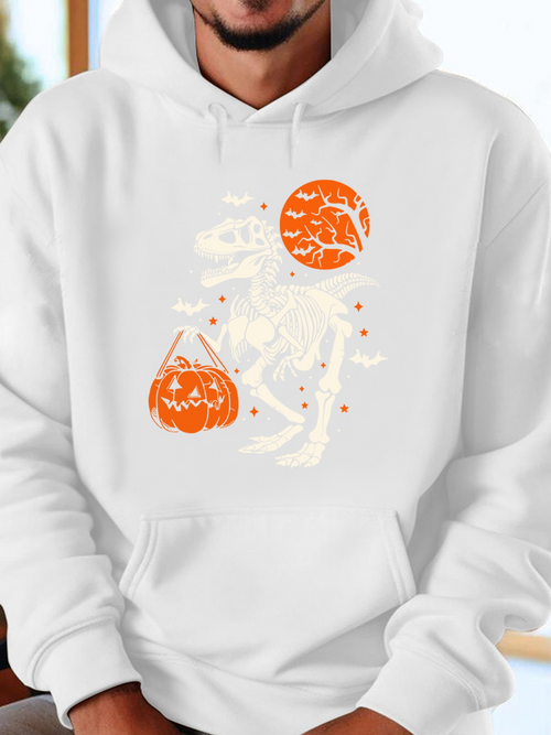 Men's Graphic Hoodie Glowing Bone Dinosaur Surrounded By Halloween Pumpkins With Bats Dinosaur