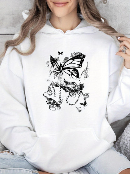 Women's Graphic Hoodie Delicate Sketch With Butterflies Blossoms Surrounding Abstract Female Face