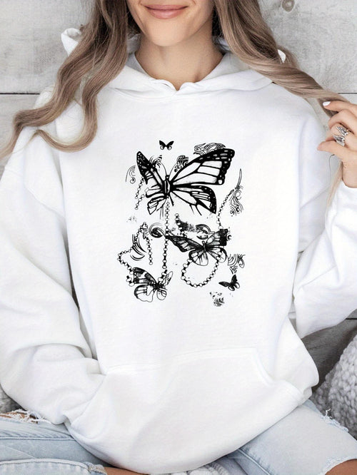 Women's Graphic Hoodie Delicate Sketch With Butterflies Blossoms Surrounding Abstract Female Face
