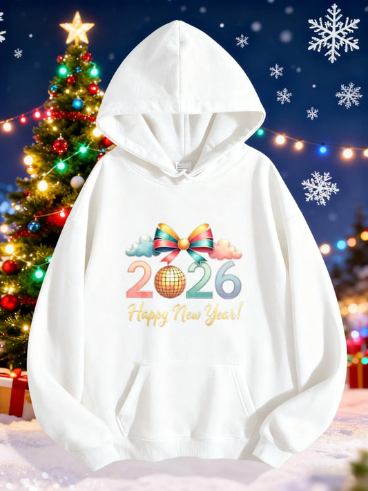 Women's Graphic Hoodie Happy New Year Colorful Bow With Sparkling Ornaments And Festive Decorations Hoodie