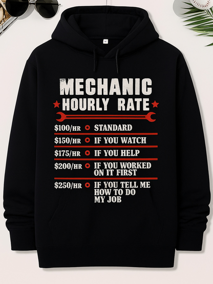 Men's Graphic Hoodie Mechanic Hourly Rate Humorous List With Red Wrenches And Bold Typography Hoodie