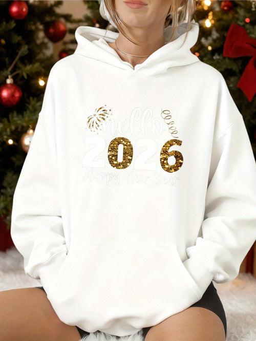 Women's Graphic Hoodie Golden Sequined Decorative Numbers Amidst Festive Holiday Design Hoodie