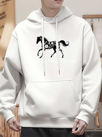 Men's Graphic Hoodie Graceful Floral Pattern In Black Artistic Horse