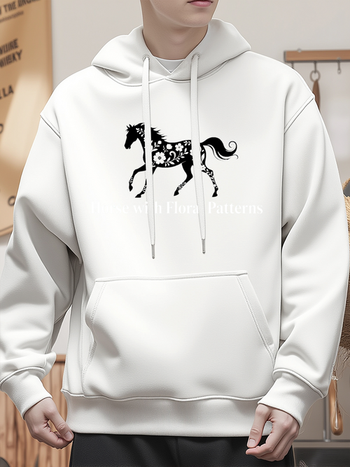 Men's Graphic Hoodie Graceful Floral Pattern In Black Artistic Horse