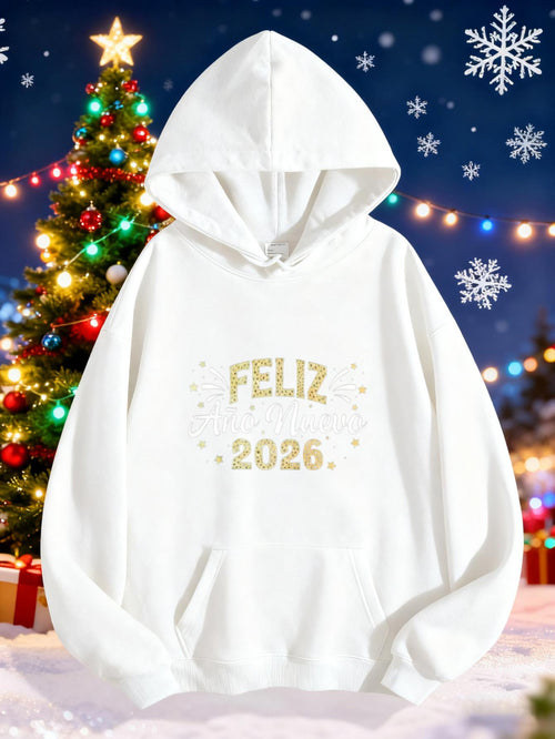 Women's Graphic Hoodie Feliz 2026 Surrounded By Shimmering Festive Lights Golden Hoodie