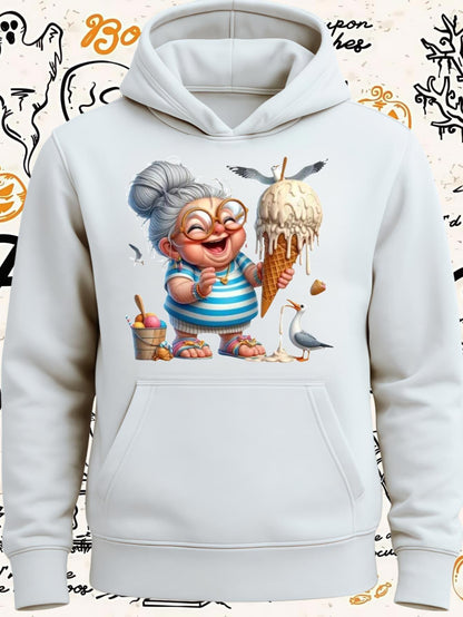 Women's Graphic Hoodie Smiling Elderly Lady With Birds And Melting Ice Cream Cone