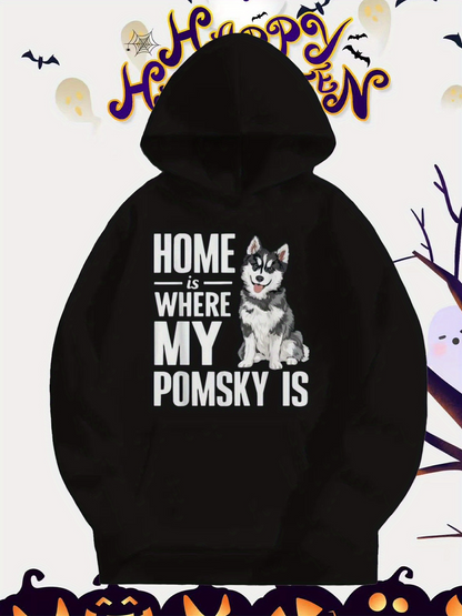 Men's Graphic Hoodie Home Is Where My Pomsky Is With Fluffy Gray White Playful Happy Dog