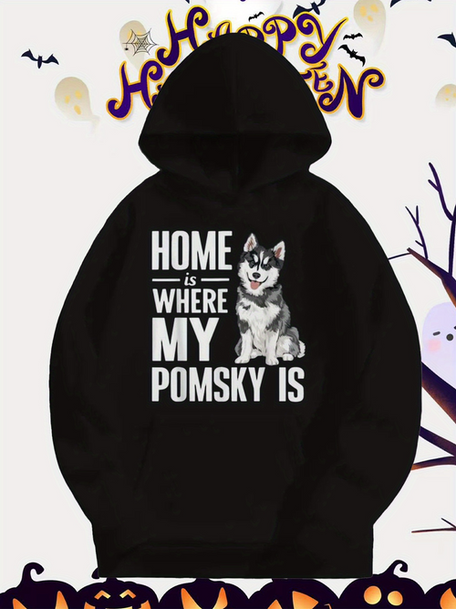 Men's Graphic Hoodie Home Is Where My Pomsky Is With Fluffy Gray White Playful Happy Dog